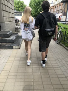 Blonde candid teen in shorts with hot slim legs street creepshots
