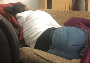 Girl in Tight Jeans Asleep on the Couch Home Candid Creepshot, Great Butt