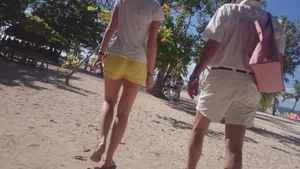 Milf in yellow shorts with vpl and a wedgie