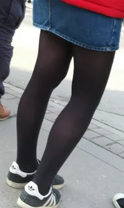 Girl out in denim skirt and tight stockings with nice legs