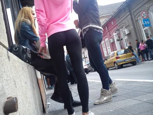 Smoking girl in tight leggings with vtl