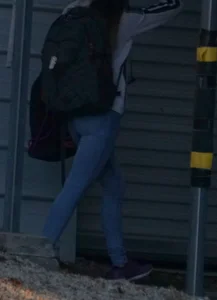 Girl next door teen walking to car in various tight jeans