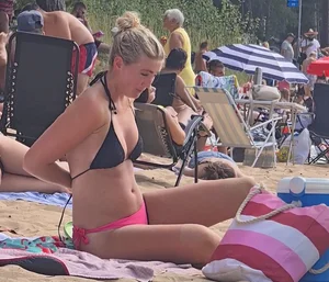 Swedish Beach Babe In Black and Pink Bikini