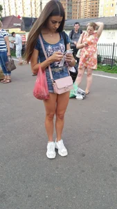 Skinny Girl in Denim Shorts with Long Hot Legs City Candid