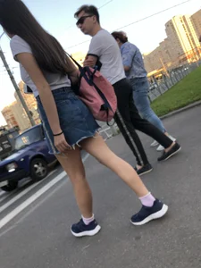 Girl in Denim Skirt with Hot Skinny Legs Street Candid