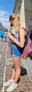 A Cute Teen Girl in Blue Jean Shorts With Hot Slim Legs Street Creepshots