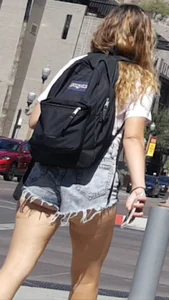 Blonde in cheeky jean short shorts! OC!