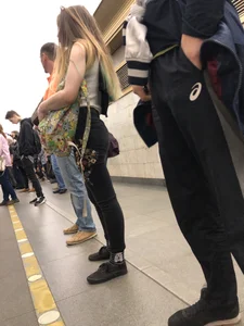 Cute Skinny Girl Tight Jeans Closeup Candid in Subway