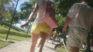 Milf in yellow shorts with vpl and a wedgie