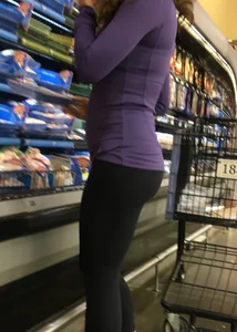 Big boobed brunette in leggings grocery shopping with a nice ass too