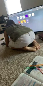 Barefoot Girl in White Jeans Standing on Knees on the Floor Home Creepshot