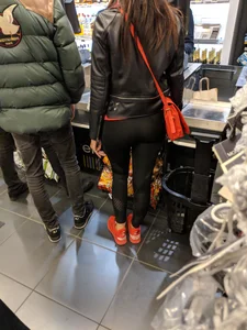 Girl in Yoga Pants and Leather Jacket Supermarket Candid