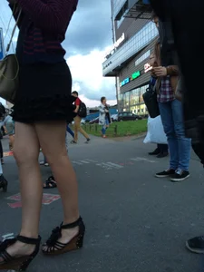 Hot Girl With Gorgeous Legs in a Dress and High Heeled Sandals in a Subway Train And on a Street