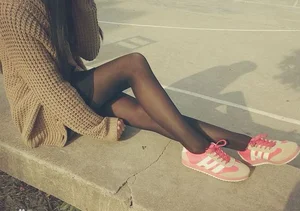 Skinny Legs in Black Pantyhose - Sitting on the Pavement