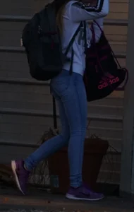 Girl next door teen walking to car in various tight jeans