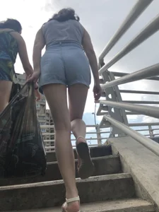 Sexy Butt And Legs in Denim Shorts - Candid Girl in Sandals Walking Up the Stairs Creepshots Gallery