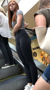 Cute Redhead in Yoga Pants on the Mall Escalator Candid Photo