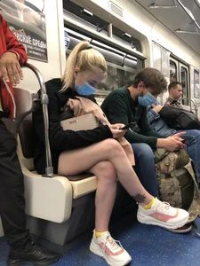 Blonde in a T-Shirt Dress With Hot Legs Subway Train Creepshots