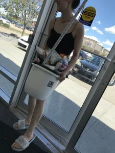 Slim teen with huge tits out shopping with mom
