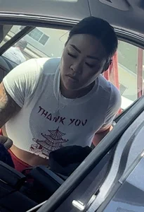 Big tit busty Asian VPL red leggings at car wash