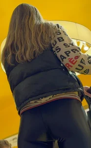 Skinny Milf in glossy leggings