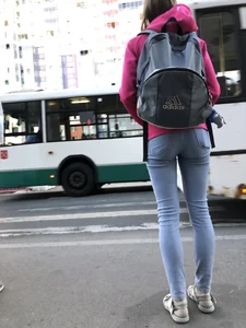 Perfect Skinny Ass and Legs in Tight Blue Jeans Creepshots Series at a Crosswalk