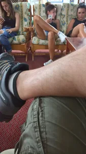 Candid Girl in Sneakers With Hot Thin Legs Sitting Cross-Legged Creepshot