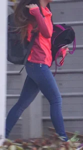 Girl next door teen walking to car in various tight jeans