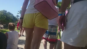 Milf in yellow shorts with vpl and a wedgie