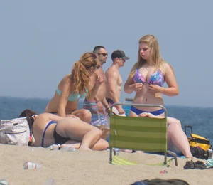 3 girls on the beach in bikinis with big boobs, one brunette and two blondes