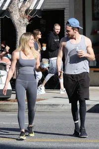 Hilary Duff in grey tights leaving Alfreds Coffee in Studio City