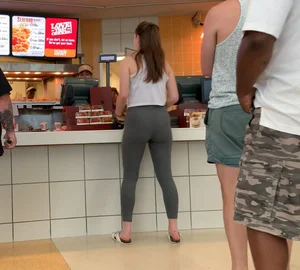 Mall girl getting food in grey leggings with a nice ass and vpl