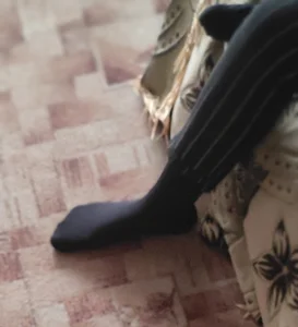 Bare Foot of a Teen Girl in Pants And Black Pantyhose Creepshot