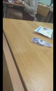 College Girl in a Short Skirt and Pantyhose Sitting Cross-Legged at the Desk in Classroom Candids