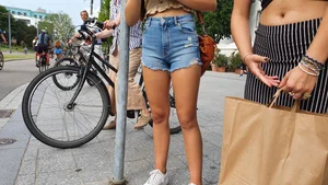 Hot Candid Girl in Jean Shorts And Top Street Photo