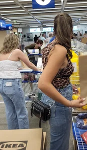Ikea Trip 3 hot girls in tight jeans Nerdy leopard bendover faceshot smile at camera (Megapost)