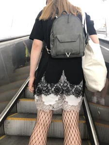 Cute Girl in Lacey Semi-Transparent Dress and Fishnet Pantyhose Subway Escalator Candid Photos Gallery