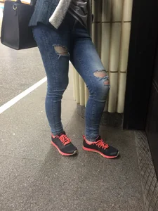 Skinny Girl in Torn Tight Jeans in the Subway Candid Closeup