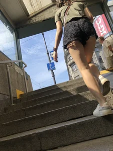 Candid Girl in Mini Shorts With Skinny Hot Legs and Booty Walking Up the Stairs Creepshots Gallery