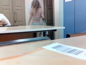 Skinny Girl Classroom Under Desk Creepshot - Skirt and Pantyhose