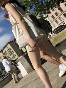 Cute candid girl in shorts street photos, closeups of her legs