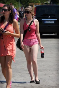 Sexy Girl in Sunglasses and Pink Mini Shorts Street Creepshot