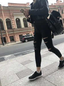 Candid Legs in Black Torn Skinny Jeans Street Creepshots