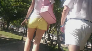 Milf in yellow shorts with vpl and a wedgie
