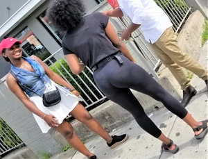 Ebony babes in pink patterned and black leggings with nice asses