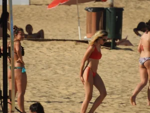 Hot ass beach blonde babe in little red thong