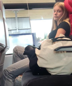 Hot busty blonde on train