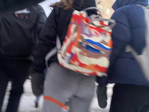 Booty of a Teen Girl With a Backpack in Loose Grey Pants Street Winter Creepshots