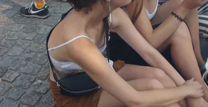 Pretty girl downbloused showing her puffy nipples and bonus friend with nice cleavage
