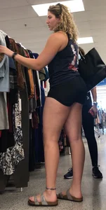 Tall thicc curly blonde in tight black shorts 0927